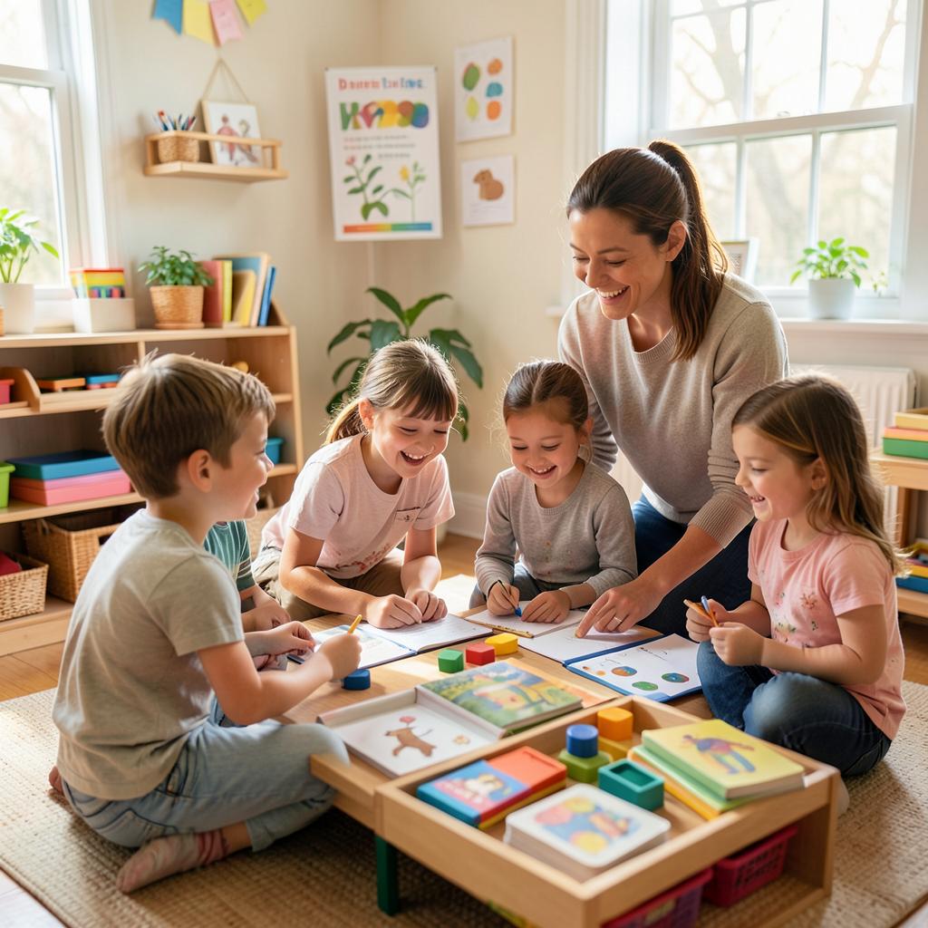 A diverse small group of children and a friendly tutor learning together in a bright, cosy room